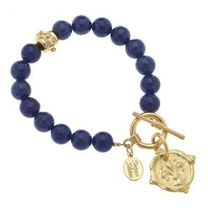 NEW SUSAN SHAW women's fleur de lis on genuine lapis bracelet in blue